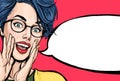 Attractive young sexy woman is announcing, telling a secret, shouting or yelling. Advertising poster of comic lady saying W Royalty Free Stock Photo