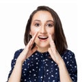 Attractive young woman is announcing, telling a secret, shouting or yelling. Portrait young happy Beautiful girl. Funny girl Royalty Free Stock Photo
