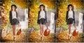 Attractive young woman in an autumnal shot outdoors. Beautiful fashionable school girl with leather backpack posing in park