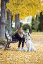 Attractive young woman caring and playing with her beautiful golden retriever dog while sitting on bench in the park Royalty Free Stock Photo