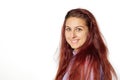 attractive young woman, closed portrait, with red hair and striking smile with white copy space Royalty Free Stock Photo