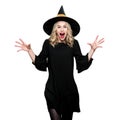 Attractive young woman dressed in witch halloween costume isolated over white background. Sensual Halloween Witch Studio Portrait. Royalty Free Stock Photo