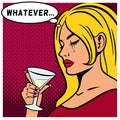 Attractive young woman drinking martini. A beautiful woman is sad and crying. Illustration for a book or magazine. Royalty Free Stock Photo