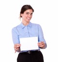 Attractive young woman holding a blank card Royalty Free Stock Photo