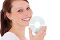 Attractive young woman holding dvd Royalty Free Stock Photo