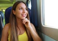 Attractive young woman looking through the train or bus window. Happy train passenger traveling sitting in a seat and looking Royalty Free Stock Photo