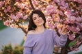 Attractive young woman in a purple sweater stand in front of sakura tree in the park Royalty Free Stock Photo