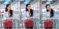 Attractive young woman with red bag in shopping center. Beautiful fashionable young lady with long hair in white male shirt