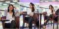 Attractive young woman sitting on armchair in shopping center. Beautiful fashionable young lady wearing white male shirt in mall.