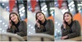 Attractive young woman speaking on mobile in mall. Beautiful fashionable girl in dark gray fluffy jacket posing in modern mall