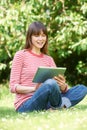 Attractive Young Woman Using Digital Tablet In Park Royalty Free Stock Photo