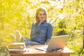 attractive young woman using laptop outside. Royalty Free Stock Photo