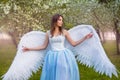 woman in a white corset and a blue puffy dress with large white angel wings behind her back