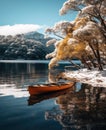 an attractively decorated kayak is floating past snow covered trees in a lake