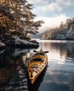 an attractively decorated kayak is floating past snow covered trees in a lake