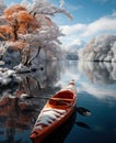 an attractively decorated kayak is floating past snow covered trees in a lake