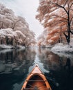 an attractively decorated kayak is floating past snow covered trees in a lake