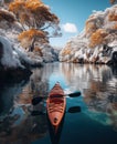 an attractively decorated kayak is floating past snow covered trees in a lake