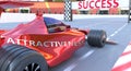 Attractiveness and success - pictured as word Attractiveness and a f1 car, to symbolize that Attractiveness can help achieving