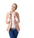 Attrctive fashion girl in blue jeans, white shirt and jacket wit