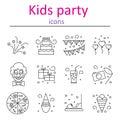 Attributes accessories drinks entertainment venue for children`s holiday. Set of icons of kids party.