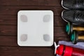 Attributes of a healthy lifestyle: sports equipment, top view Royalty Free Stock Photo