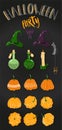 Attributes for holiday decor. Clipart for Halloween: pumpkins, poison in a bottle, spider on a web, witch hat, bow and