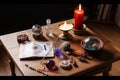 Attributes of occultism and magic on the table. Generative AI