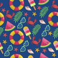 Attributes of summer and beach holiday. Seamless stylish pattern on a summer theme. Royalty Free Stock Photo