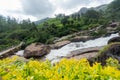 Atukkad Waterfalls near Munnar in Kerala, South India on cloudy day in rain season Royalty Free Stock Photo