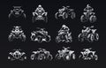 ATV icon set. Monochrome four-wheel hand-drawn label collection evokes adventure and speed, ideal for vintage and retro
