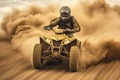 ATV quad in dust cloud with desert on background. Biker rider in action. Generative AI