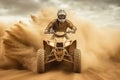 ATV quad in dust cloud with desert on background. Biker rider in action. Generative AI