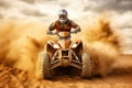 ATV quad in dust cloud with desert on background. Biker rider in action. Generative AI