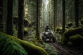 atv ride through mossy forest with trees towering overhead Royalty Free Stock Photo