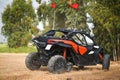 ATV 4x4 all-wheel drive, forest, action. Red ATV in the forest on a background of green tree Royalty Free Stock Photo