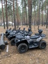 All-terrain vehicles for driving through the forest. Quad bike on the background of the forest. Four-wheeled vehicles for outdoor Royalty Free Stock Photo