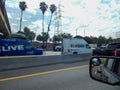 News Vans Line the Freeway during accident of overturned truck on 5 Freeway in Los Angeles