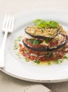 Aubergine Parmigiana Tower with Herb Oil Royalty Free Stock Photo