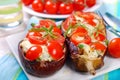 Aubergine stuffed with cherry tomato and mozzarella Royalty Free Stock Photo