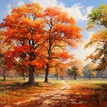 Auburn Delight: Majestic oak trees don their autumn colors, offering a delightful contrast against a clear blue sky Royalty Free Stock Photo