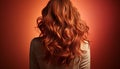 Auburn tresses flow elegantly, glowing with warm hues that complement the amber gradient backdrop