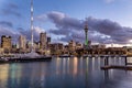 Auckland harbour at sunset with beautiful yachts and city skyline