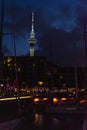 Auckland marina at night, the Skytower in the background