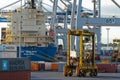 AUCKLAND, NEW ZEALAND - 17 APRIL: Vessel, straddle carriers, wheeled cranes and stack of containers at sea port.