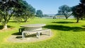 AUCKLAND, NEW ZEALAND-Aug 13, 2020 :Park stone table and wooden bench, a woman with white hair is walking with three dogs.