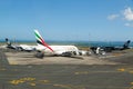 Emirates Airline plane on tarmac at the Auckland International Airport Royalty Free Stock Photo