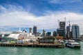 Silversea`s Silver Whisper Cruise Ship at the Auckland Ferry Terminal in Auckland Harbor