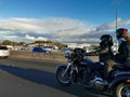 AUCKLAND, NEW ZEALAND - Jul 04, 2019: View of couple on black Harley Davidson tricycle bike driving on motorway