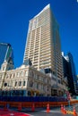 AUCKLAND, NEW ZEALAND- MAY 12, 2017: Beautiful apartment building in front of HSBC office building with Sky Tower